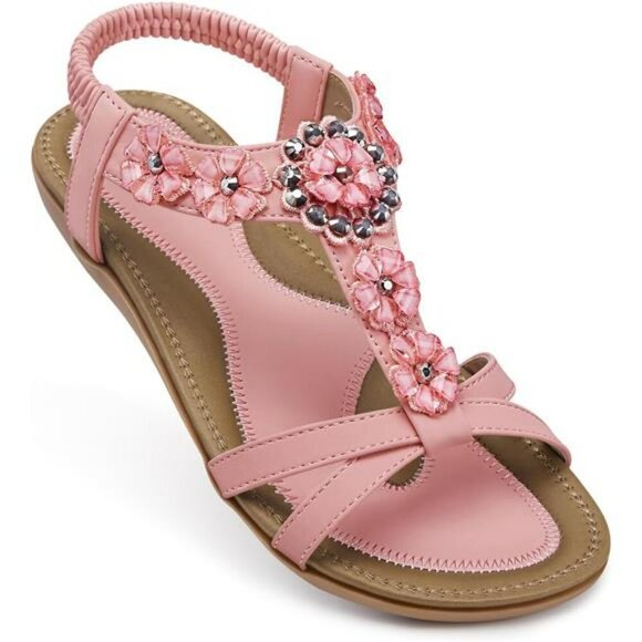 Womens Pink Flat Sandals Dressy Summer Boho Ankle Strap Comfort Walking Shoe - Picture 2 of 7